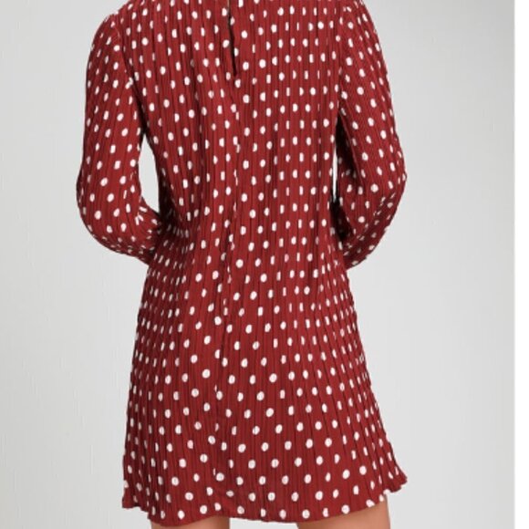 Lulus Pleat to Meet You Wine Red Polka Dot Long Sleeve Shift Dress - Picture 3 of 8